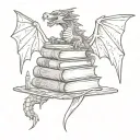 small book stack with a dragon flying and a crown and a sword and a werewolf head and a wand  tattoo design idea