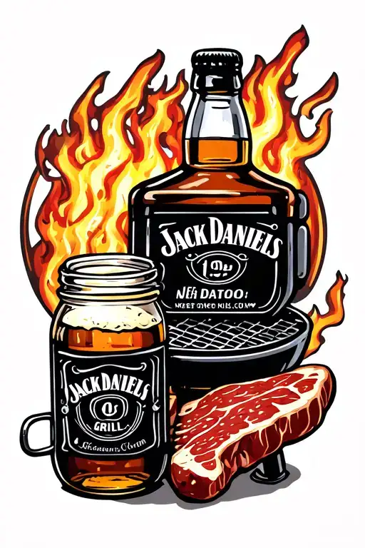 Jack Daniels bottle, a beer jar and a weber grill with a t bone roasting tattoo design idea