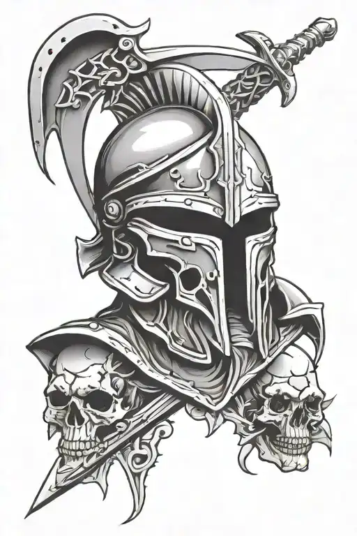 spartan helmet and skulls and swords tattoo design idea