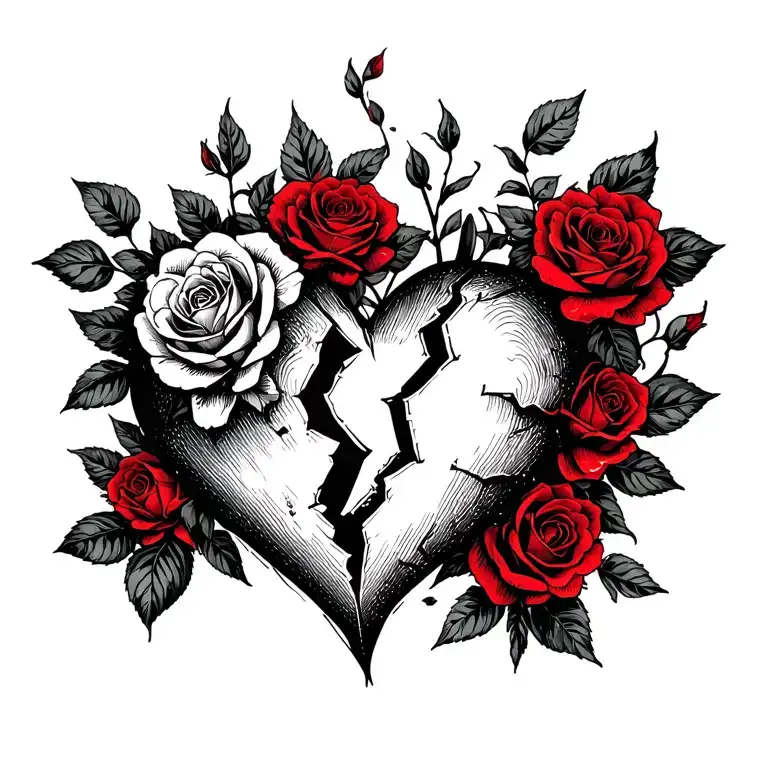 black broken heart with black and red roses growing tattoo design idea