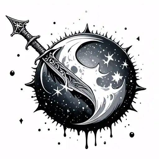 gothic dagger piercing through a floating celestial orb (like a sun or moon), with tiny constellations, drips of liquid  tattoo design idea