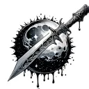 gothic dagger piercing through a floating celestial orb (like a sun or moon), with tiny constellations, drips of liquid  tattoo design idea