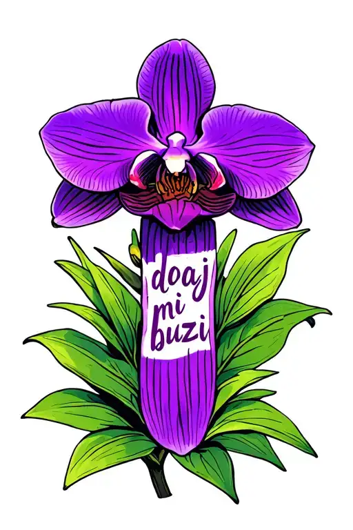 purple orchid with daj mi buzi written in the shape of a cross tattoo design idea