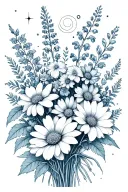 fine line, no colour, bouquet of asters, delphinium, water lilies, morning glory flowers, Leo and Virgo constellations tattoo design idea