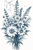 fine line, no colour, bouquet of asters, delphinium, water lilies, morning glory flowers, Leo and Virgo constellations tattoo design idea