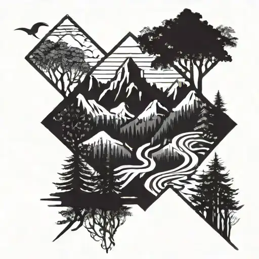 mountains and forest with pathway surrounded by trees tattoo design idea