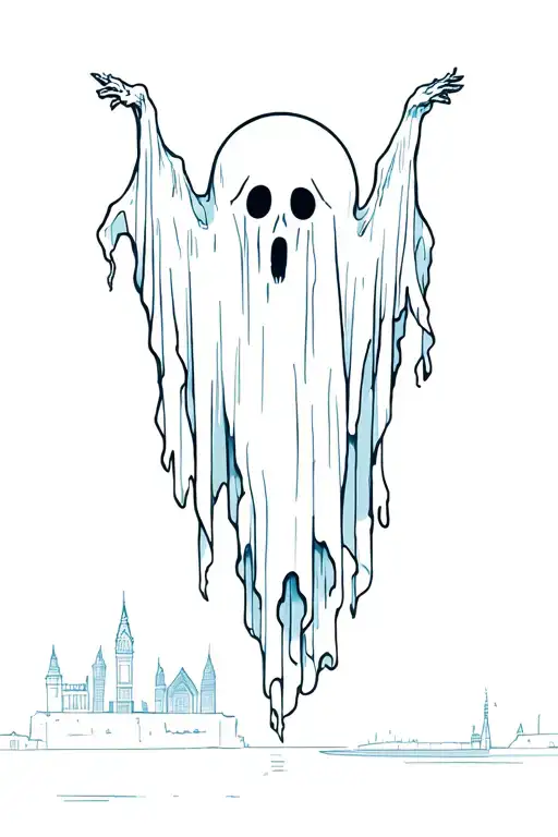 a ghost floating over amsterdam in the background tattoo design idea