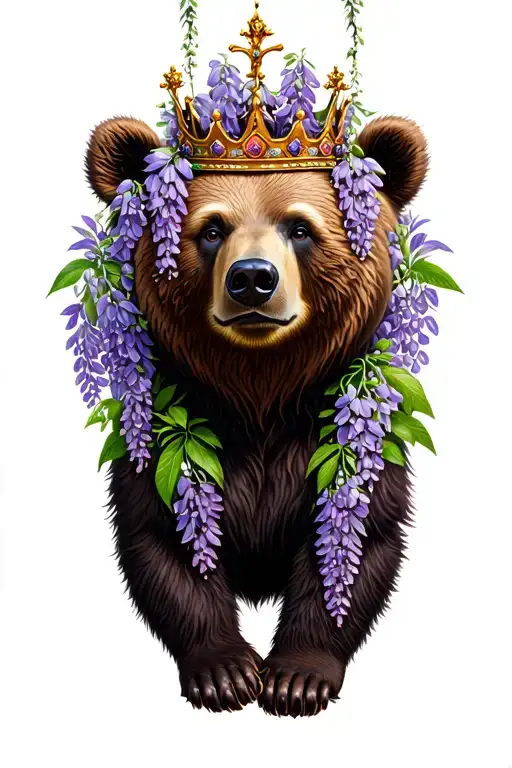 in Forrest bear wearing elaborate crown surrounded by purple wisteria  tattoo design idea