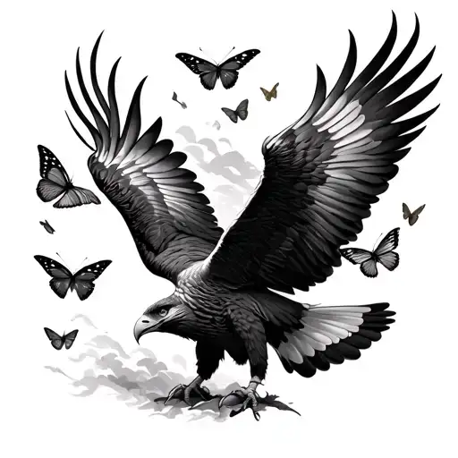 wedgetail eagle sooaring with tail feathers falling out and turning into butterflies  tattoo design idea