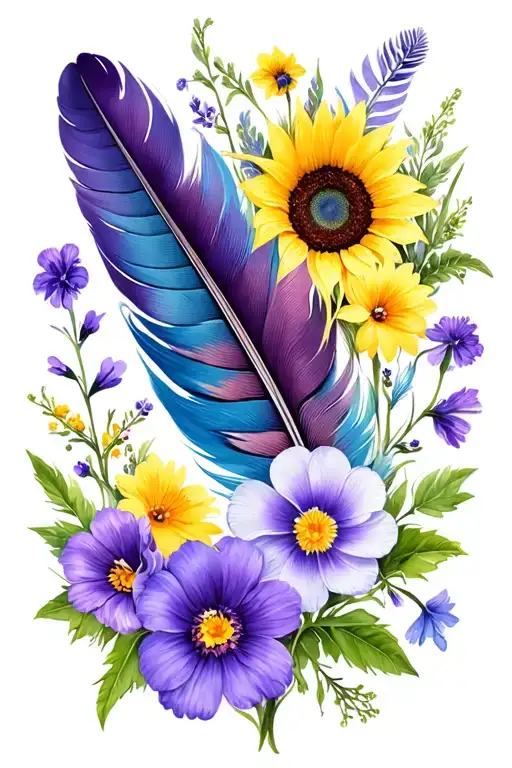 violets, primroses, asters, sunflowers, wild flowers and more boho feathers tattoo design idea