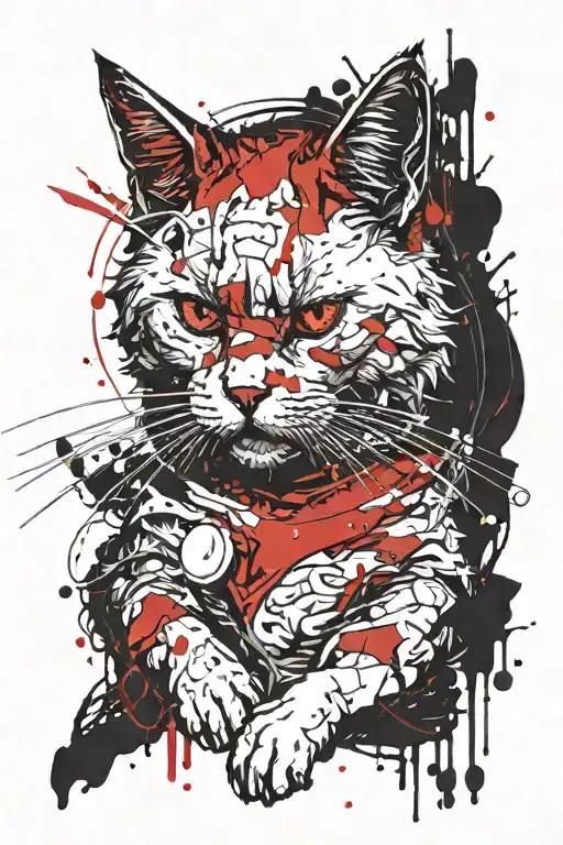 black bloody horrible fluffy cat sitting on a steelyard kills a white rabbit with red eyes tattoo design idea