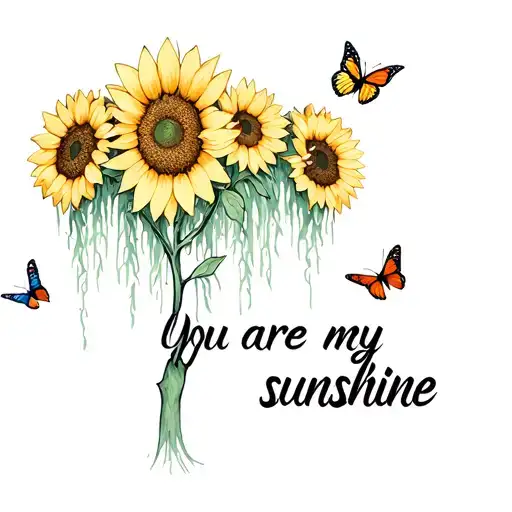 "You are my sunshine " fine line sunflowers and butterflies and a weeping willow tree tattoo design idea