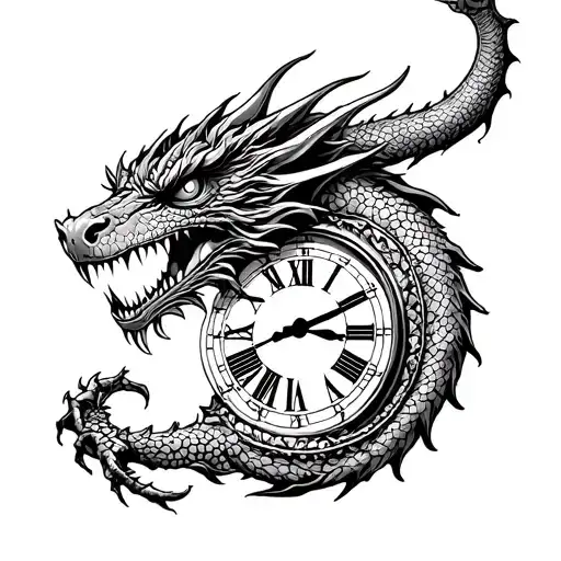 angry dragon whit roman clock inside tattoo design idea