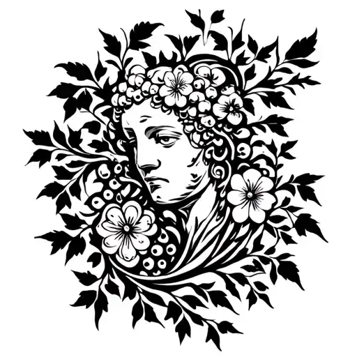 ivy vines, wild grass, grapewine and flowers almost as if growing on a statue tattoo design idea