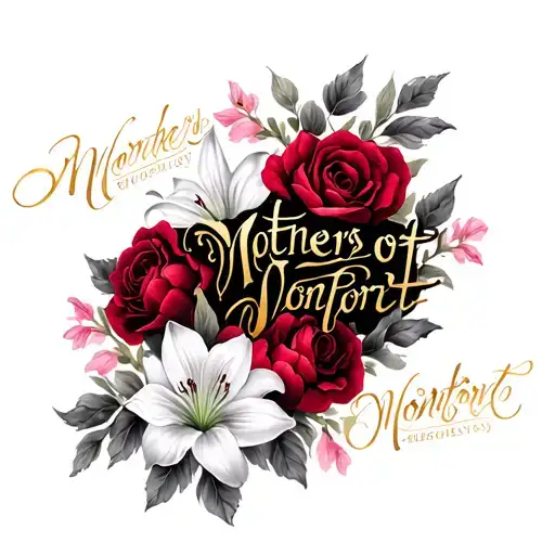 tattoo-like calligraphy of 'Mothers of Montfort' in gold with red roses, white lilies & pink peonies tattoo design idea