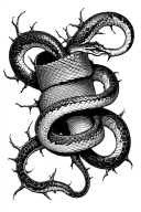 wrist cuff with snake skin and vines and thorns up the forearm tattoo design idea