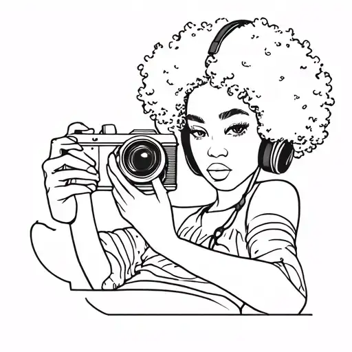 black woman with curly afro with headphones holding a camera tattoo design idea