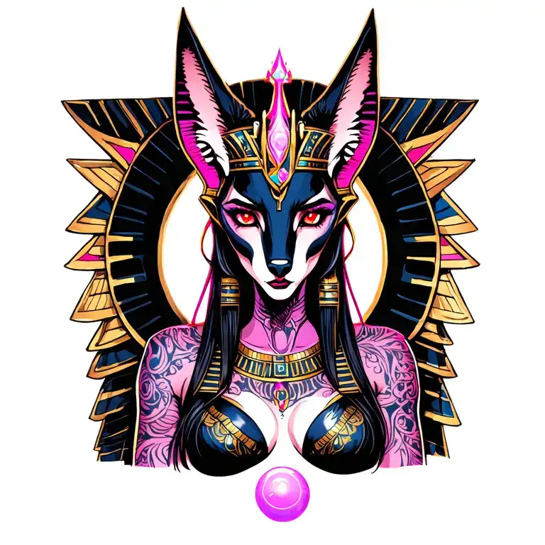 Sexy female Anubis, glowing red eyes, large bust, jackal ears, ornate Egyptian crown, neon aura pink-violet, magic orb tattoo design idea
