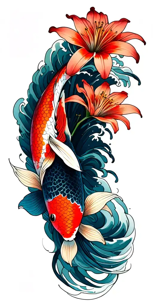 wave, koi, spider lily tattoo design idea