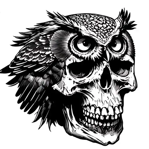 Owl perched on zombie skull tattoo design idea