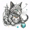 space cat playing tattoo design idea