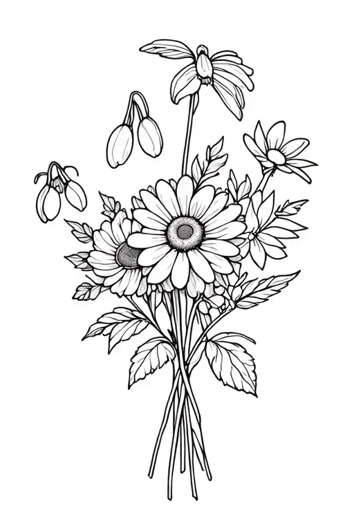 a bouquet with a snowdrop, daisy, rose, and Peony. tattoo design idea