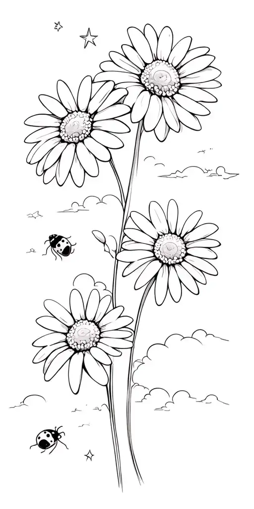 daisies, a couple lady bugs resting on them amongst a sunny sky with a few calm clouds where little stars twinkle  tattoo design idea