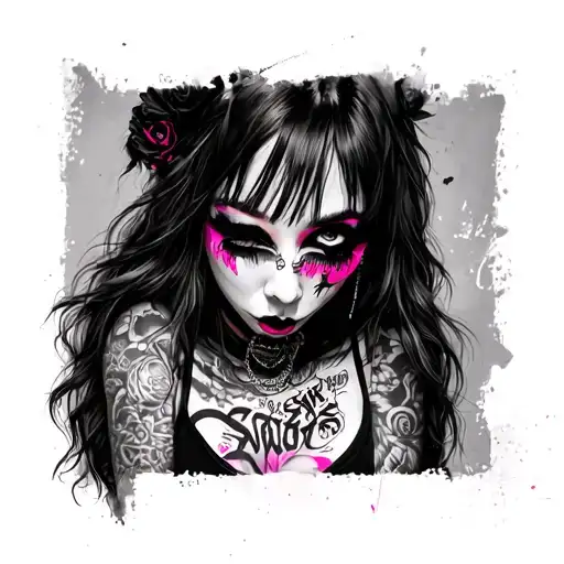 A woman with fullface gangster style with goth vibes sezy black and white and very little pink writing on her Locos101 tattoo design idea
