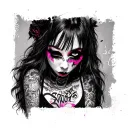 A woman with fullface gangster style with goth vibes sezy black and white and very little pink writing on her Locos101 tattoo design idea