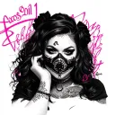 A woman with fullface gangster style with goth vibes sezy black and white and very little pink writing on her Locos101 tattoo design idea