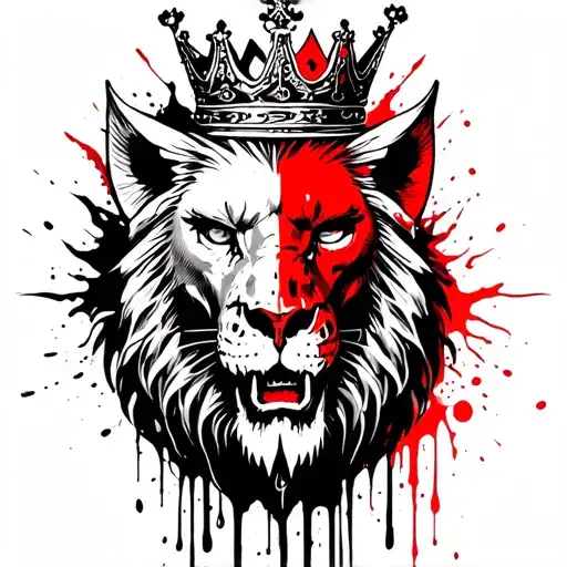 half lion half demon wit a crown bloody tears dropping wit Skeleton tattoo design idea