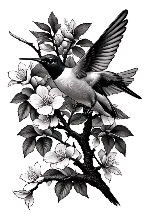 hummingbird flying around dogwood tree tattoo design idea