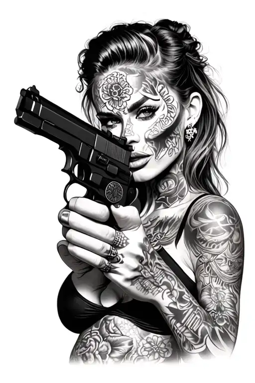 sexy woman with gangster tattoos in her face holding a gun tattoo design idea