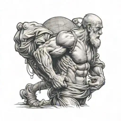 Atlas carrying the world on his back. realism protrait tattoo design idea