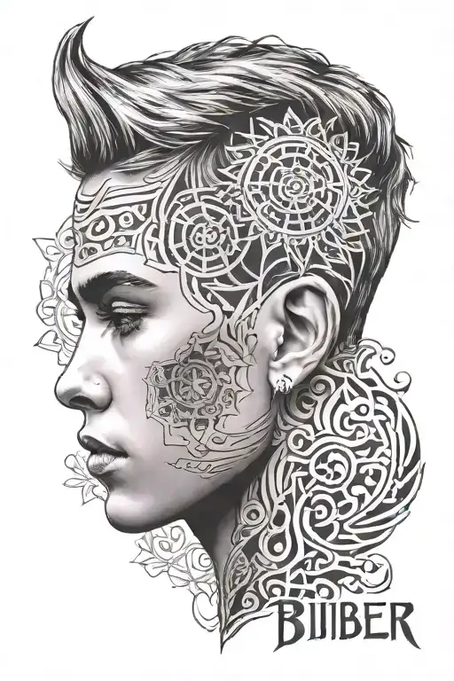 sanskrit text below the ear like justin bieber vertically tattoo design idea