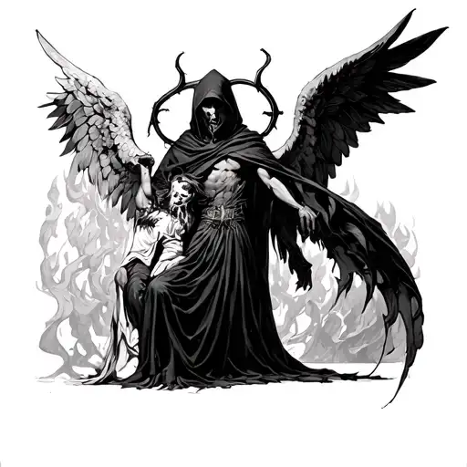 Hooded demon defeating an arch angel tattoo design idea