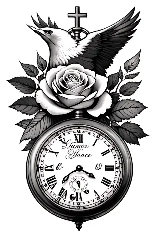 rose, pocket watch, eagle and name janice cross tattoo design idea