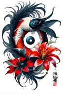 koi fish yin yang smokey shadow style with red spider lilies  tattoo design idea