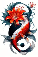 koi fish yin yang smokey shadow style with red spider lilies  tattoo design idea