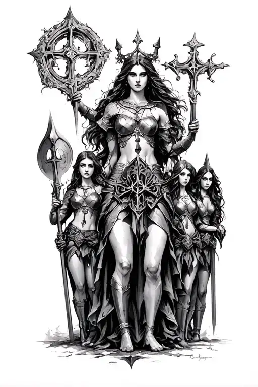 sketch of a tattoo in the Gothic style with followers of Themis so that there are many knights and girls there tattoo design idea
