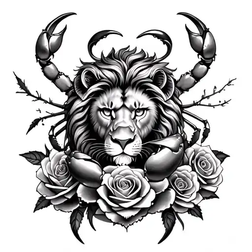 Leo lion cancer crab surrounded by roses tattoo design idea