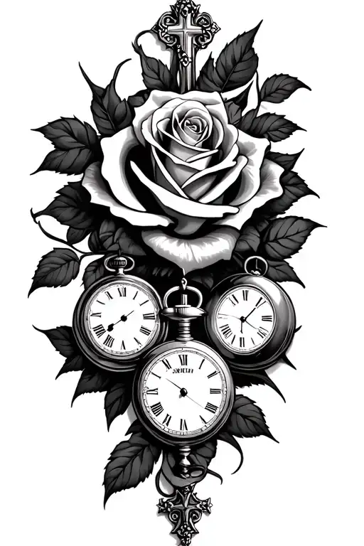 Roses, a cross, and 2 pocket watches intertwined tattoo design idea