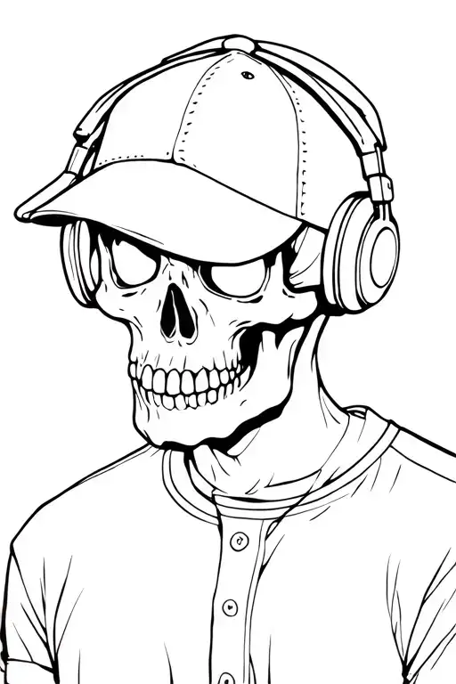Outlines of a cute skull with baseball hat and headphones and only the collar of the shirt looking to the side tattoo design idea
