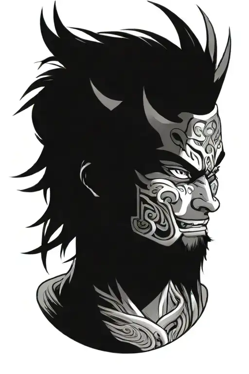 anime character wearing a oni mask fighting off inner demons tattoo design idea
