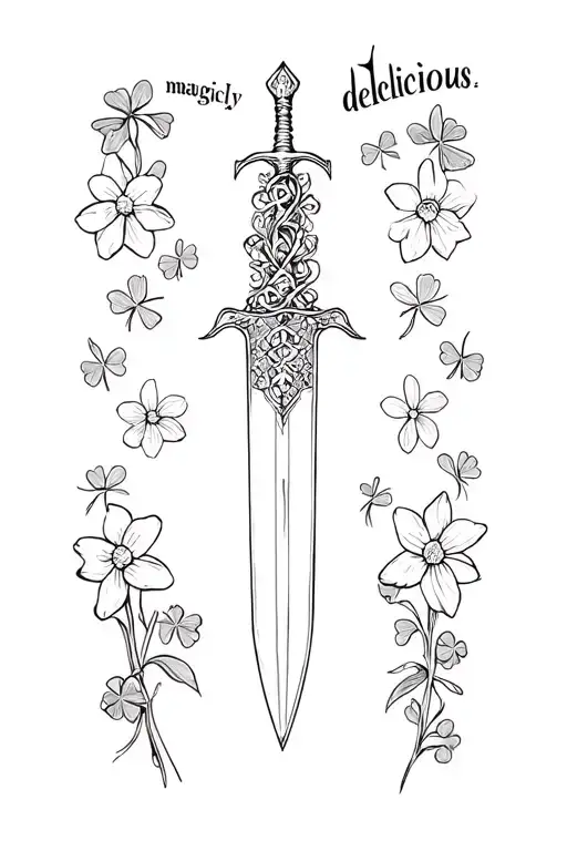 "phase "magically delicious". " lace garter design inspired tattoo featuring a dagger and four leaf clovers and daffodils tattoo design idea