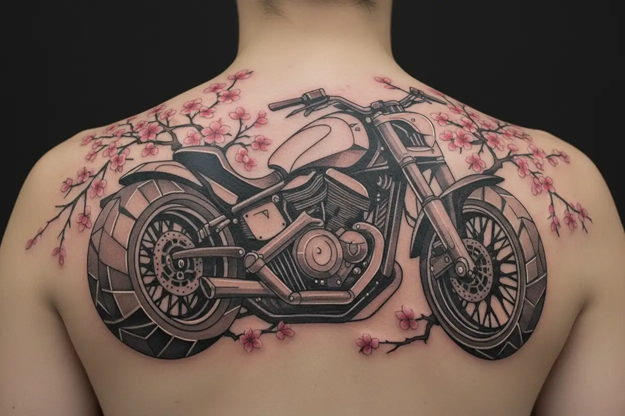 motorcycle v twin engine with cherry blossoms in the background  tattoo design idea