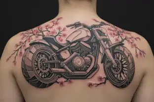 motorcycle v twin engine with cherry blossoms in the background  tattoo design idea