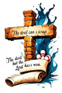 cobblestone cross with writing "the devil can scrap but the Lord has won" in old font on a scroll. with a bowling lane tattoo design idea