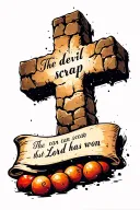 cobblestone cross with writing "the devil can scrap but the Lord has won" in old font on a scroll. with a bowling lane tattoo design idea