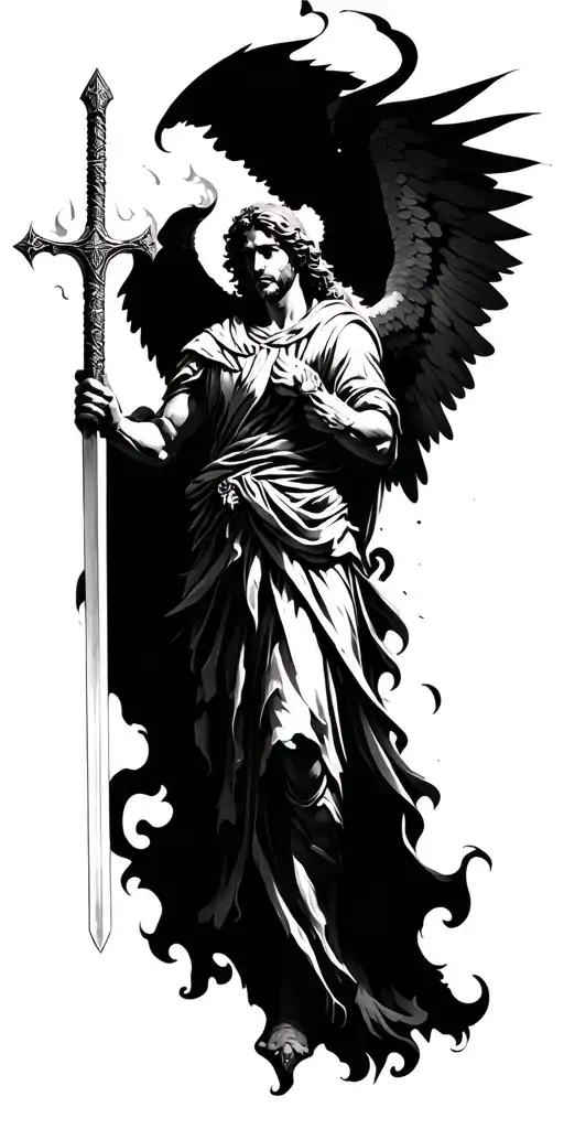You can describe your concept (e.g., “St. Michael wielding a flaming sword, cloaked in shadows like the Angel of Death”) tattoo design idea